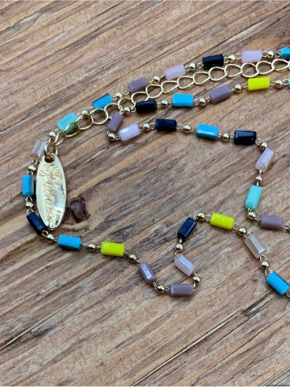 Plunder Gold-Tone Multi Bead Necklace with Turquoise, Yellow, Black & Lavender